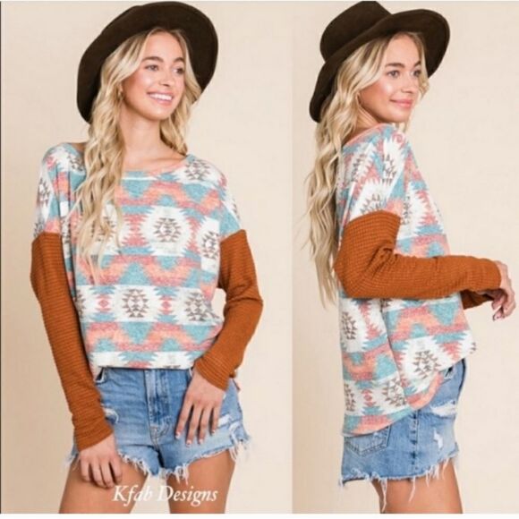 Color Block Aztec Print Relaxed Fit Thermal Top Sz L - Picture 2 of 9